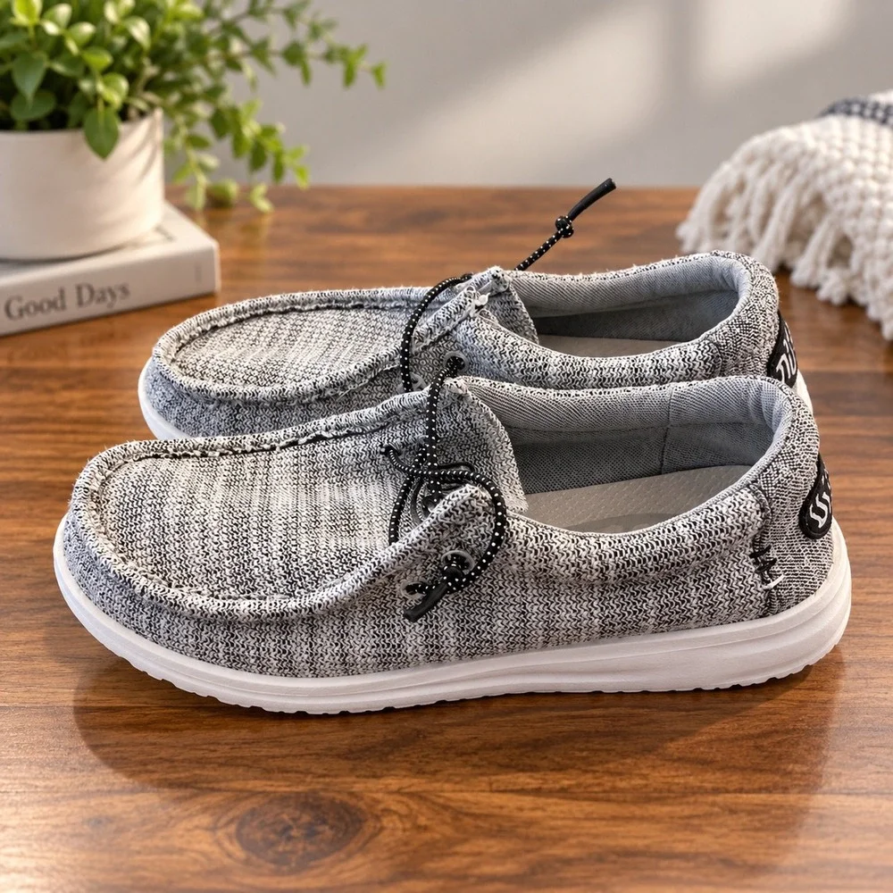 Hey Dude Wally Youth Stretch Grey Marl Knit Slip On Loafers Shoes Size Y3 L4